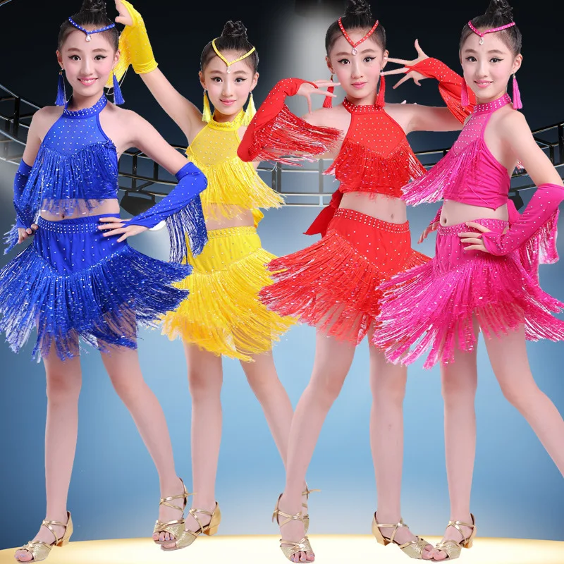 

New Girls Latin Dance Dress with Sequins & Fringe-Sparkling Competition-Performance Costume for Kids-Elegant Ballroom Dancewear