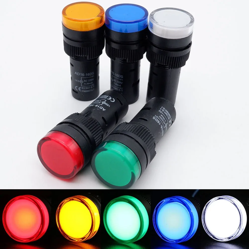 22mm Plastic Indicator Light AD16-22DS Red Yellow Blue White Green 12V 220V Panel Installation Signal Power LED Indicator Light