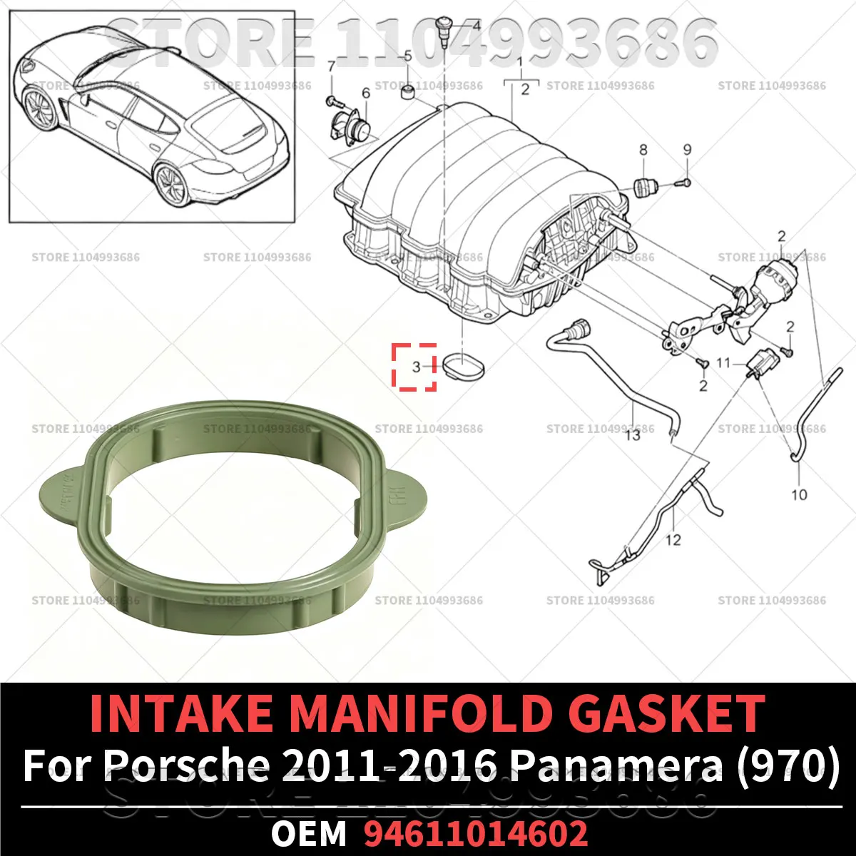 For Porsche 2011 2012 2013 2014 2015 2016 Panamera Base Edition 4S (970) INTAKE MANIFOLD GASKET OEM 94611014602 94611014601