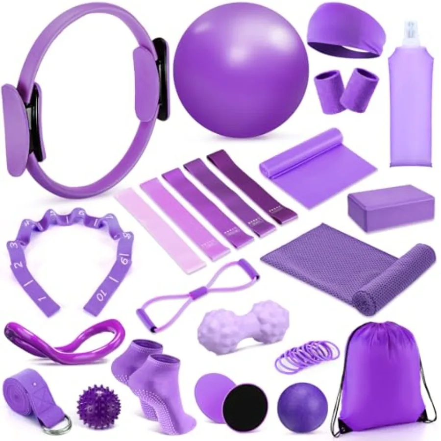 

24 Pcs Home Pilates Essentials Kit for Women Pilates Equipment Ring and Ball Set with Stretching Strap Water Bottle Magic Circl