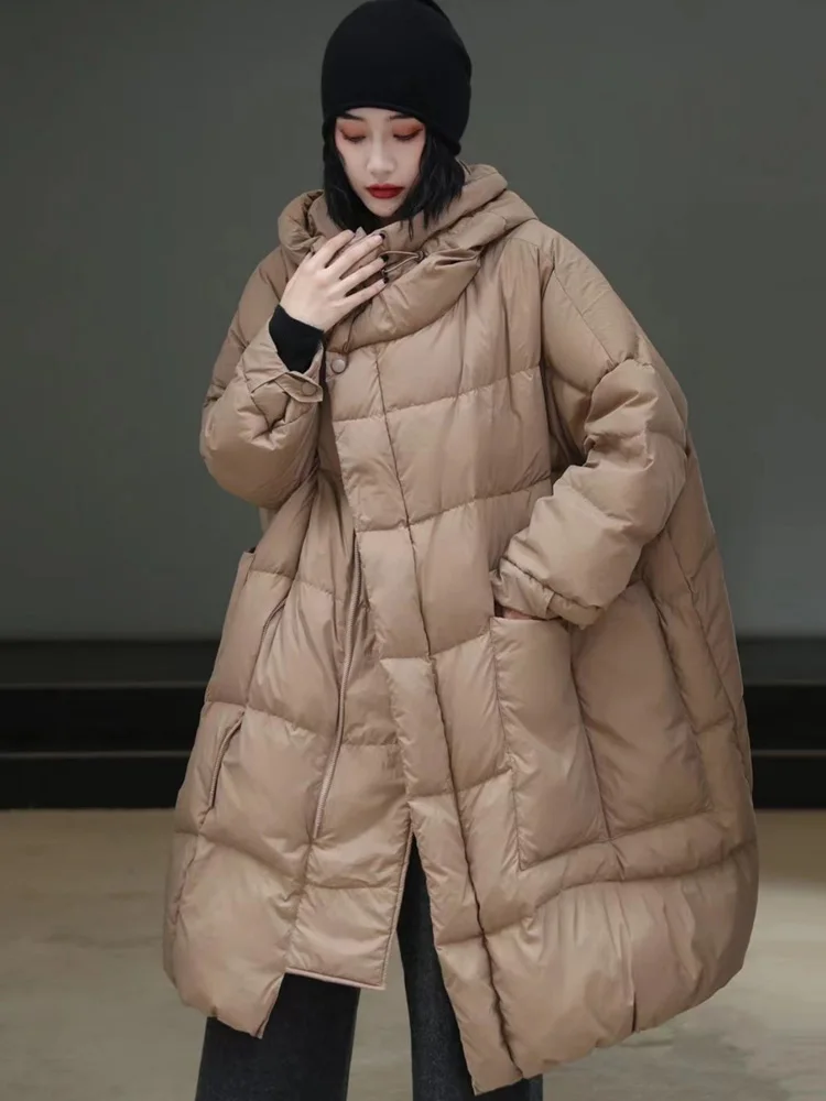 Janveny فضفاض طويل سترة منفوخة الشتاء النساء الثلوج رقيق ريشة الدافئة أبلى مقنعين 90% بطة أسفل معطف سترة سميكة JJ1127
