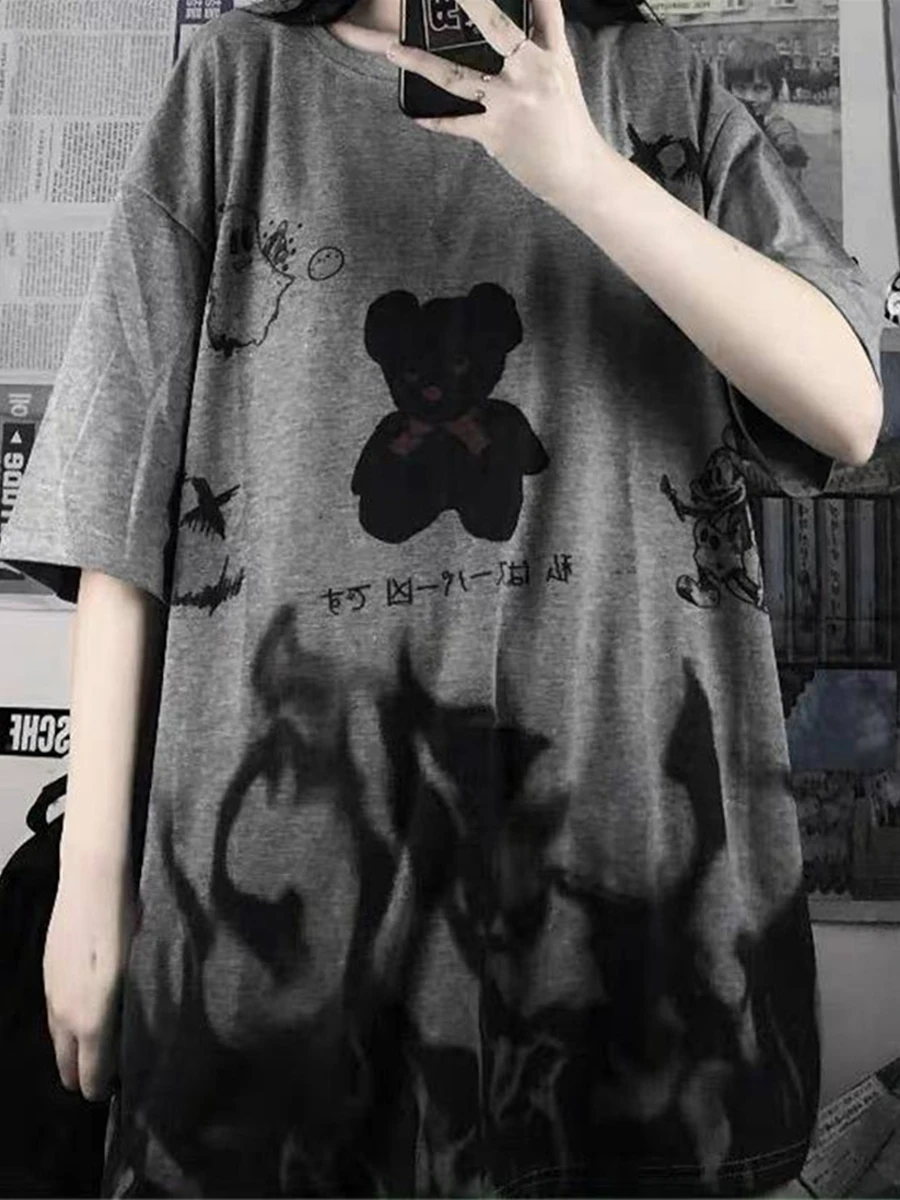 Black Cartoon Ulzzang Femme Loose Summer Oversized T Shirt Women Clothing Harajuku Short Sleeve Tops Tee Hip Hop T-Shirt Girl