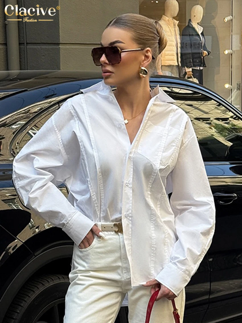Clacive Fashion Loose White Cotton Women's Blouse 2025 Casual Lapel Long Sleeve Shirt Elegant Classic Solid Tops Female Clothing