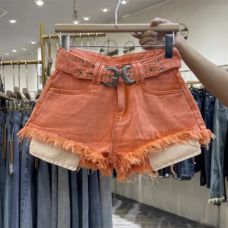 Retro Brown Shorts with A Cut Waistband High Waist Personalized Fashion Wide Leg Hot Pants Shorts Women