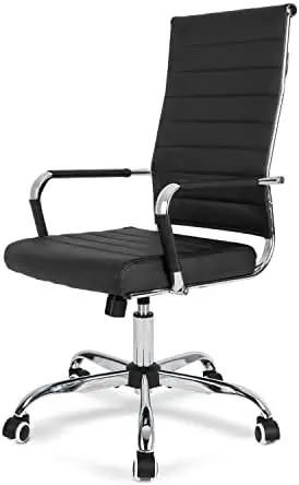 Ergonomic Office Desk Chair, Modern PU Leather Conference Room Table Chairs Ribbed, High Back Executive Swivel Rolling