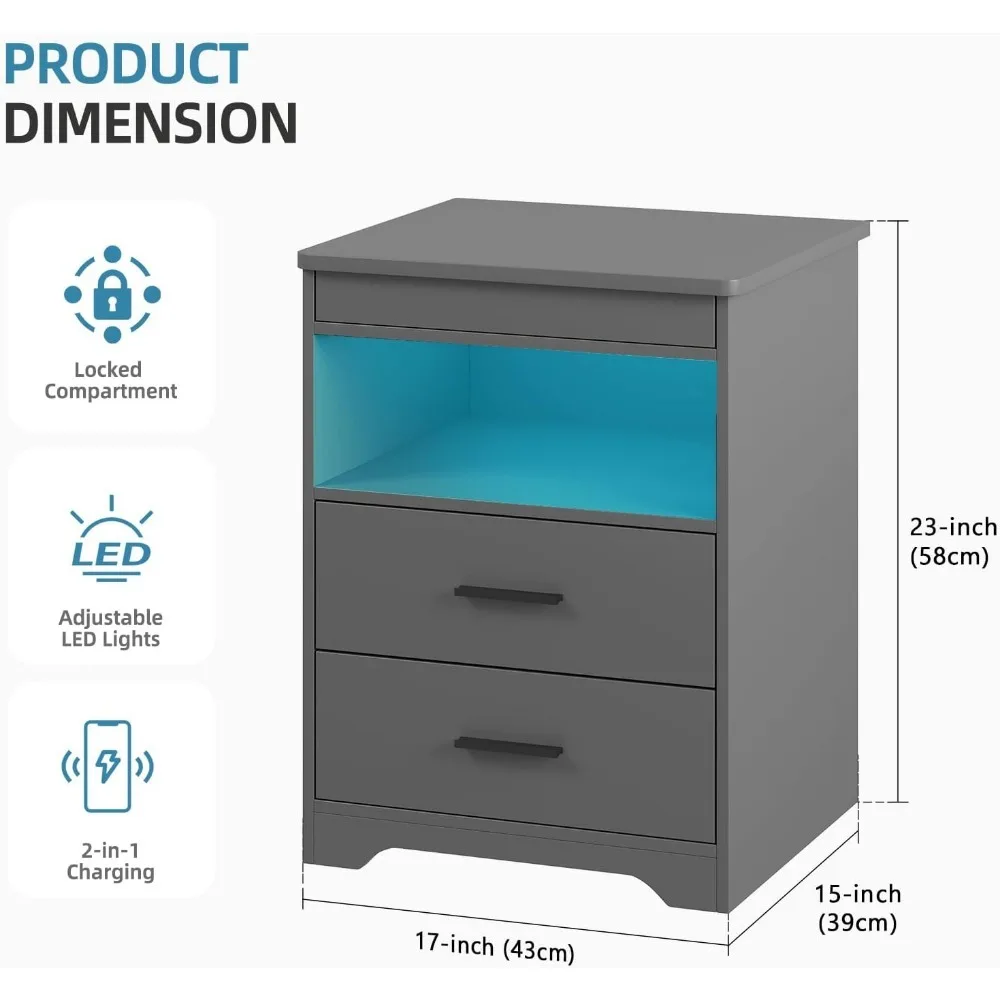 LED Nightstand with Gun Drawer, Modern Beside Table with Charging Station, Auto Sensor 3 Color Dimmable Night Stand