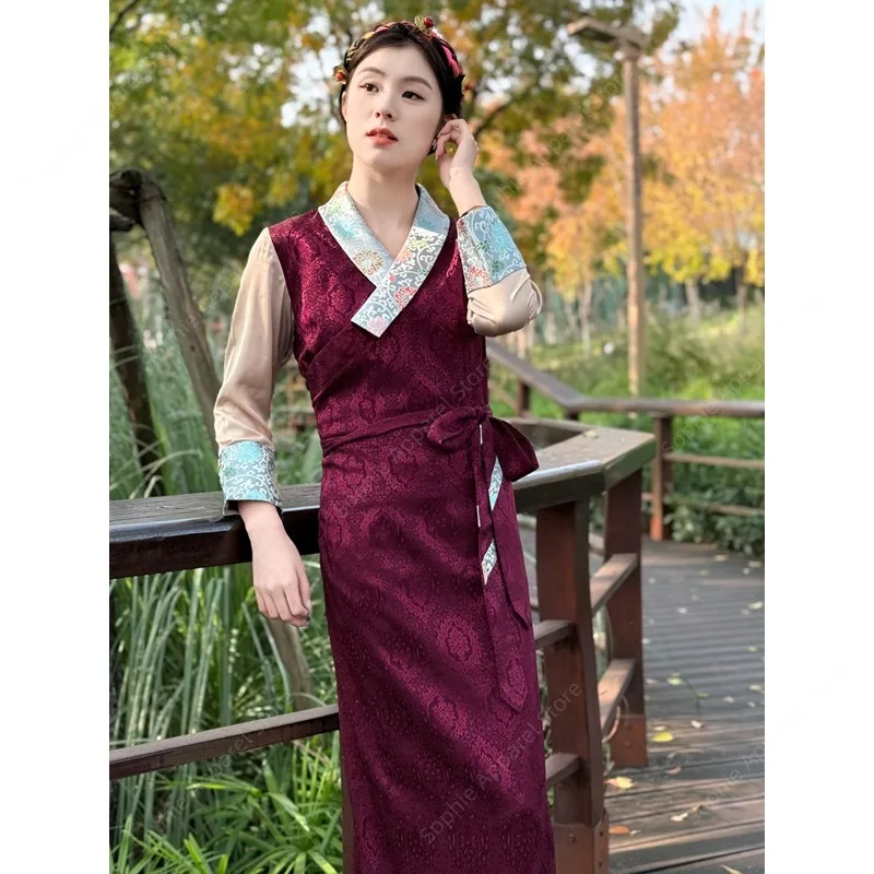 Spring Autumn Women's Traditional Tibetan Dress Ethnic Brocade Pattern Blue White Color-Block A-Line Folkloric Clothing