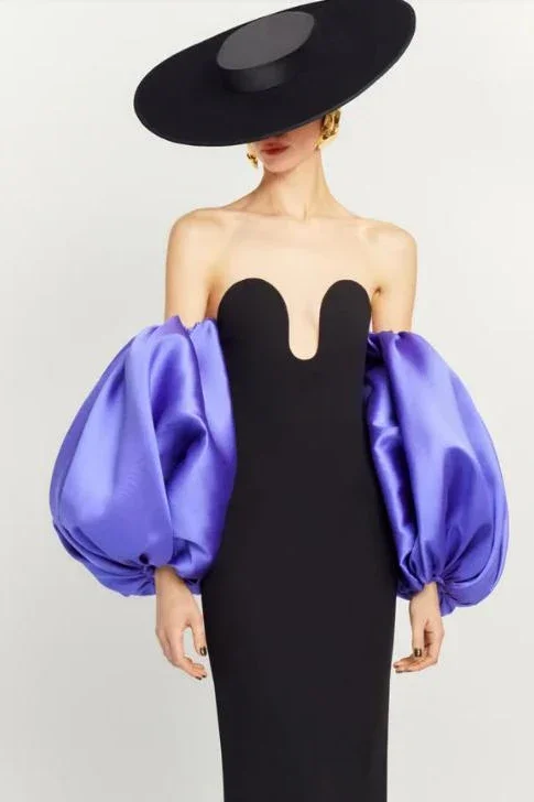 Manga de burbuja de satén morado 2025 Nuevo, gran oferta, moda de invierno moderna, ropa de fiesta elegante, mangas formales esponjosas con apariencia de calle alta