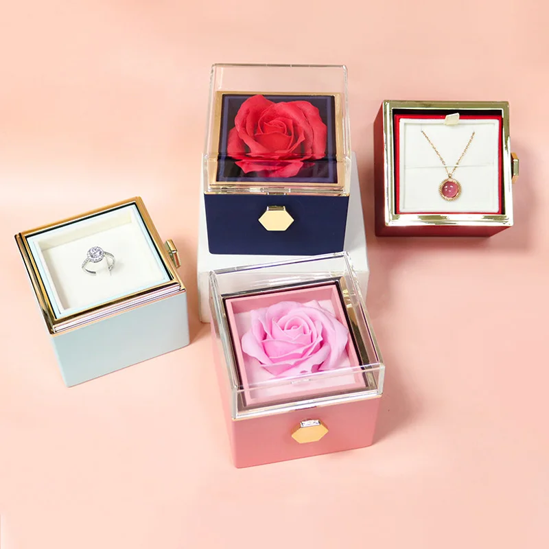 Rotation Rose Jewelry Gift Box Flower Valentines Day Marriage Ring Gift Boxes Necklace Storage Acrylic Rose Jewelry Display Rack