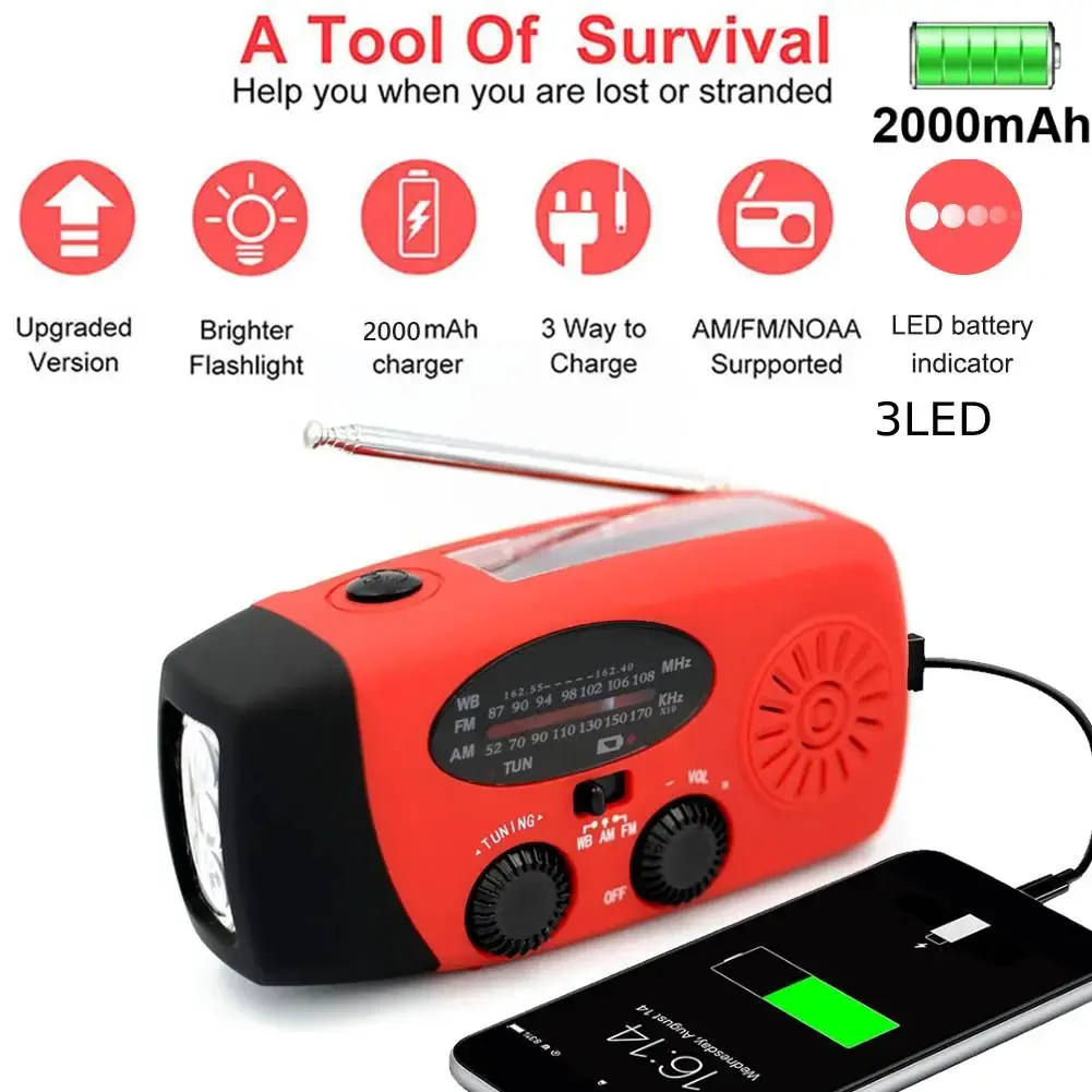 2000mAh Solar Hand Crank Radio USB Charge FM Flashlight SOS Alarm