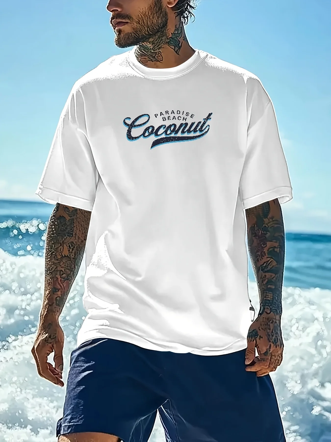Paradise Beach Coconut Drink Graphic Tee with Palm Tree and Vacation Text Print 100% Cotton Men's T-shirt Summer Beachwear