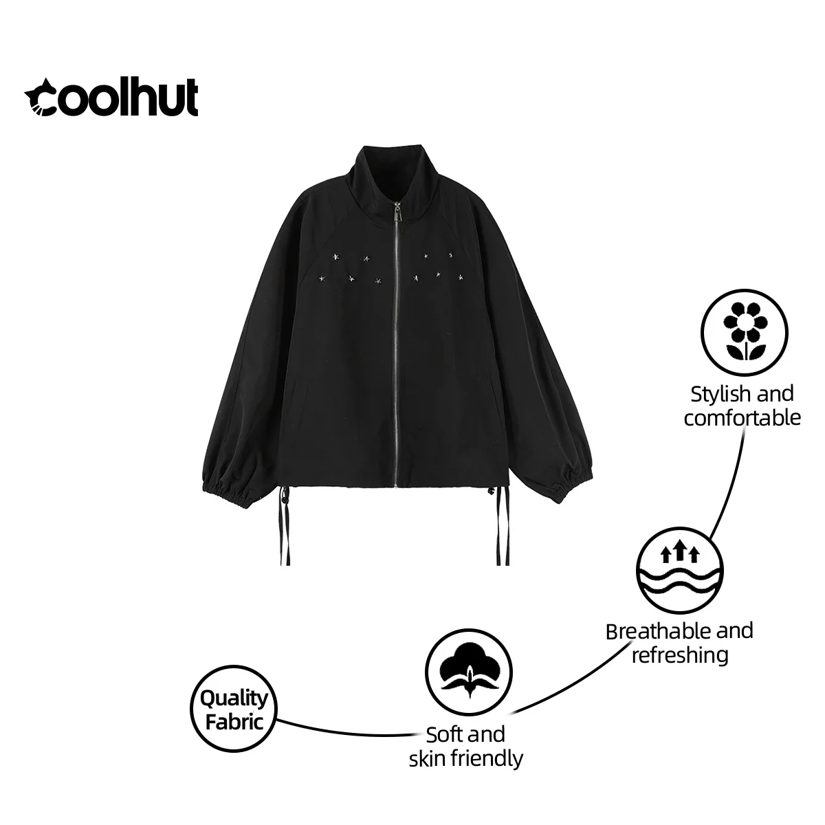 

COOLHUT Women's 2025 Vintage College Jacket American Star Embroidery Zip Up Spring Casual Basic Streetwear Coat
