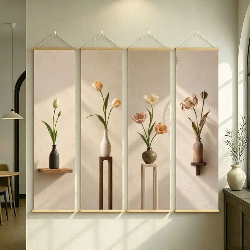 Tulip Wall Art 4-Panel Pastel Floral Vase Hanging Scroll Set on Cream Silver Shimmer Canvas for Spring Bedroom Decor