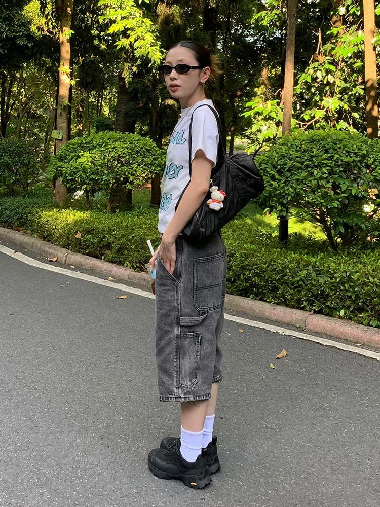 

Женские джинсы MMBBT средней длины, с множеством карманов, с эффектом потертости, с высокой талией, летние, винтажные, в американском стиле, модный бренд