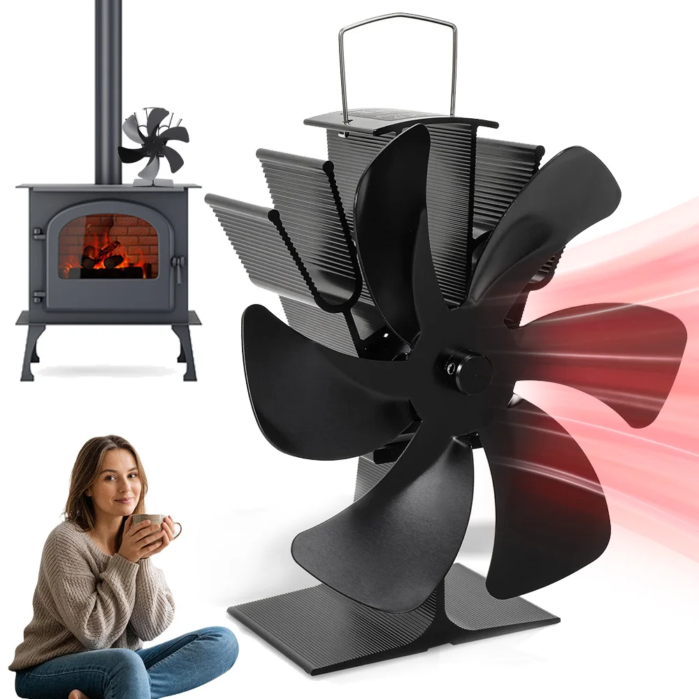 Ventilateur silencieux en aluminium à 6 pales pour poêle à bois, ventilateur autoregulable alimenté par la chaleur et équipé d'un module de puissance thermoélectrique. Un accessoire pratique pour poêle à bois, conçu pour accélérer le flux d'air chaud et assurer une distribution efficace de la chaleur à l'intérieur.