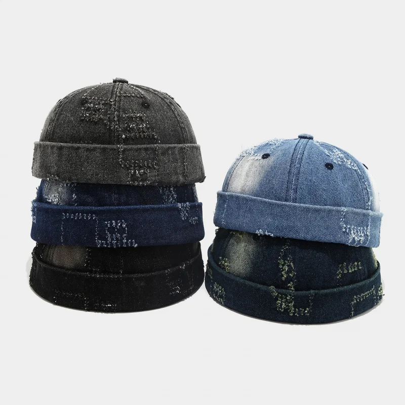 Ins Style Washed Distressed Denim Suede Docker Cap Unisex Hip Hop Retro Landlord Hat