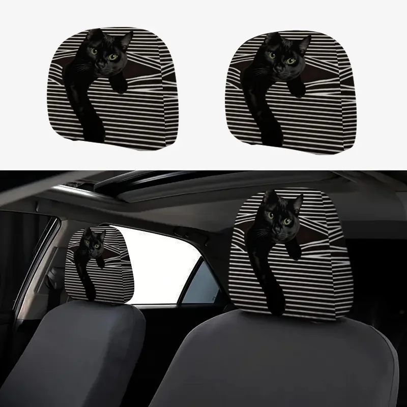 

Black and White Striped Green Eyed Black Cat Print Car Headrest Cover Ideal for Travel Daily Commute Car Interior Decoration