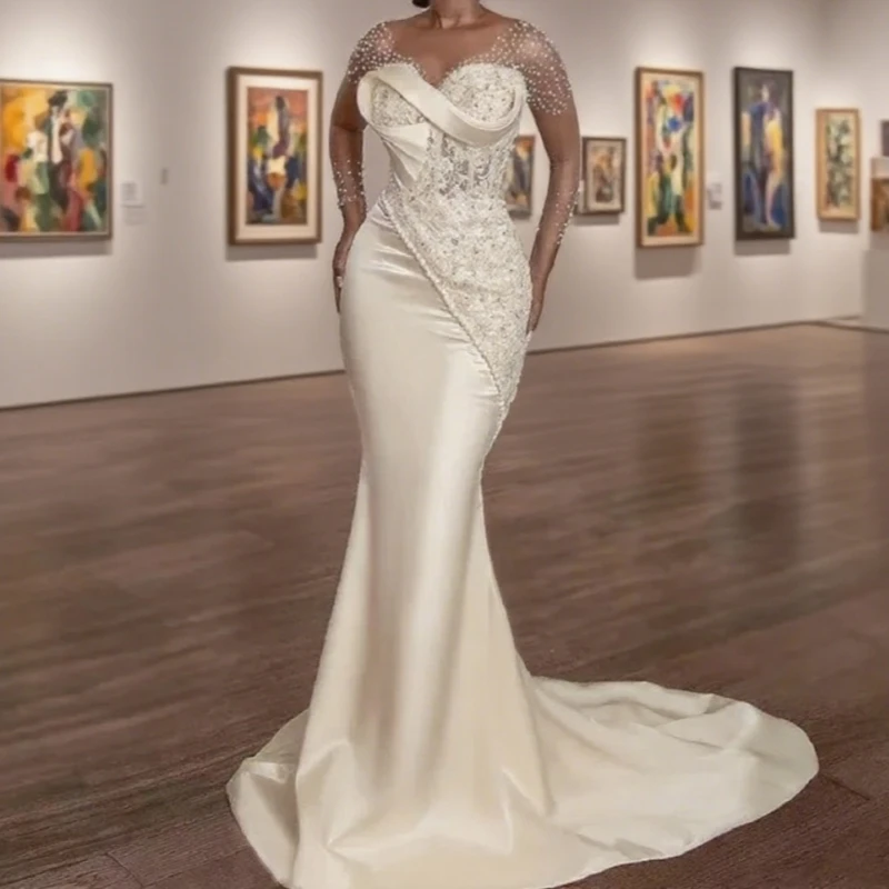 

Africa Satin Mermaid Wedding Dresses for Bride O Neck Long Sleeve Lace Beading Pleats Women Court Bridal Gowns Customized