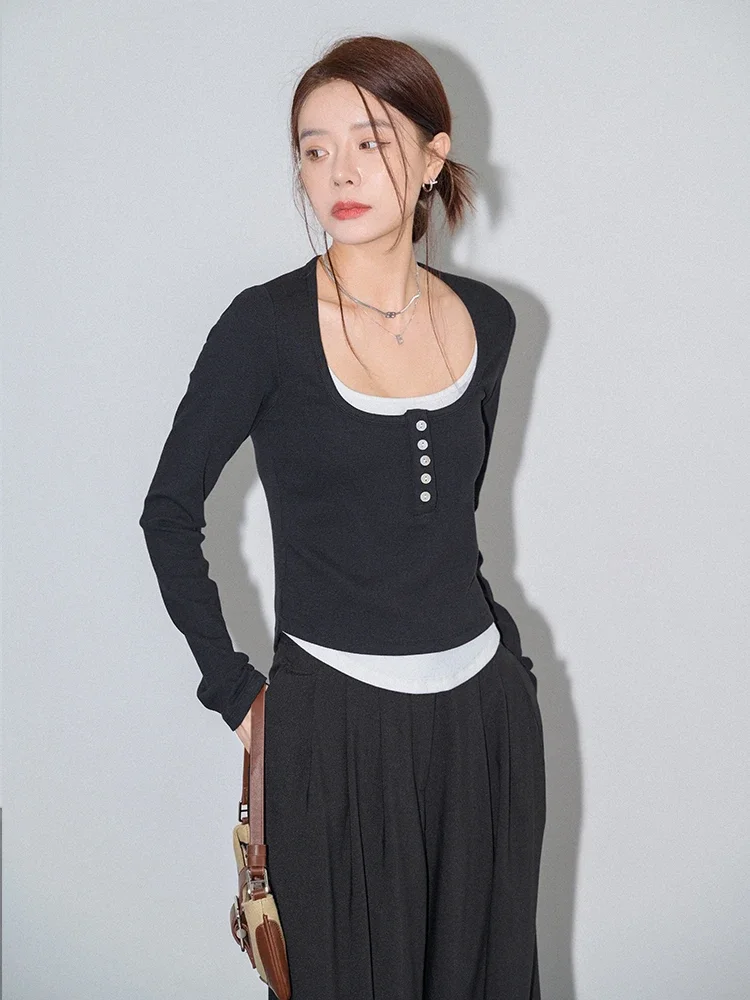 Women Button Front Long Sleeved T-shirt Slim Top With Contrast Double Neckline And Hem