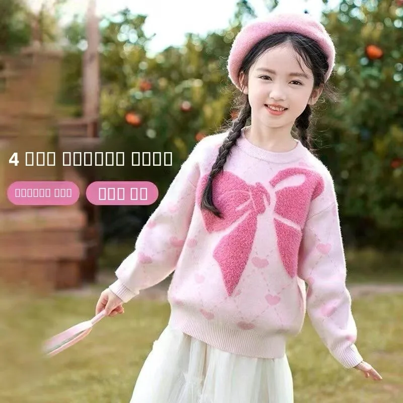 

Girls round Ne Pullover Sweater with Knot Winter Faionable Knitted Top for Middle And Big Children