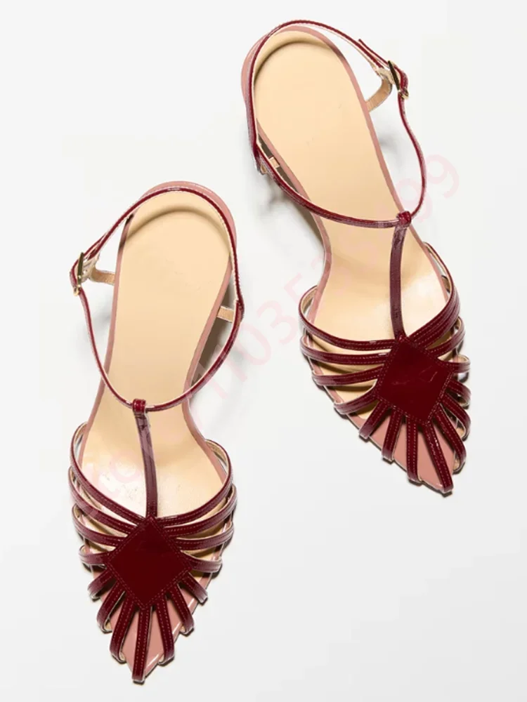 

Summer T-Strap Hollow Fashion Women's Stilettos 2025 New Pointed Sexy Party Catwalk Sandals Casual Buckle Roman Sandals