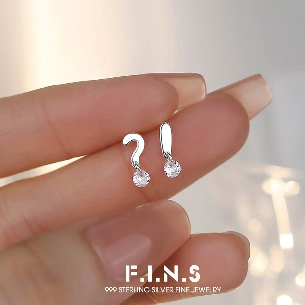 F.I.N.S Playful Exclamation and Question Mark Stud Earrings for Women S999 Sterling Silver Korean Mini Piercing Zircon Ear Jewel