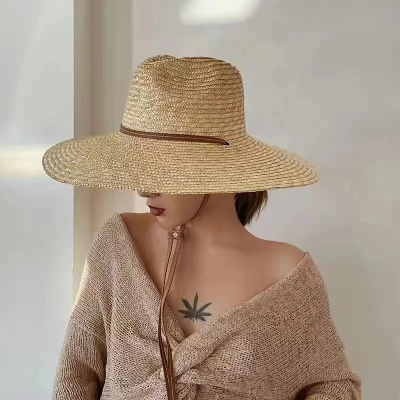 Sombrero de Sol de paja con correa para mujer, sombreros de ala ancha con protección UV para playa y vacaciones, Panamá, venta a