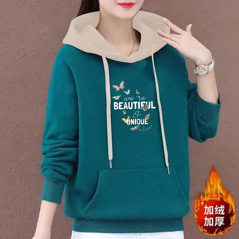 Autumn Winter Hooded Sweatshirt Women\'s Thickened Color Blocking Printing Hoodies Tops NEW Large Size Loose Sweatshirt 4XL