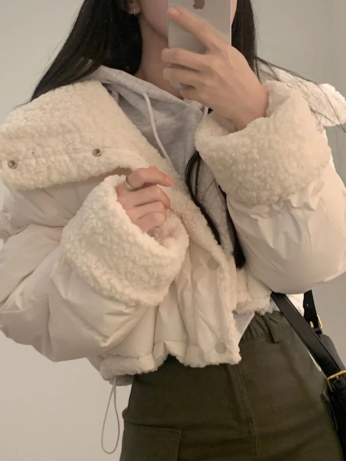 

Women's Cotton Jaet 2024 New Winter Thi Warm ort Lamb Fur Collar Coat Korean Sle Loose Fit Long Sve Zipper Closure