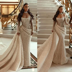 Sparkly Mermaid Evening Dresses Long Sleeves V Neck Sequins Appliques 3D Lace Beads Diamonds Zipper Train Plus Size Prom Dresses