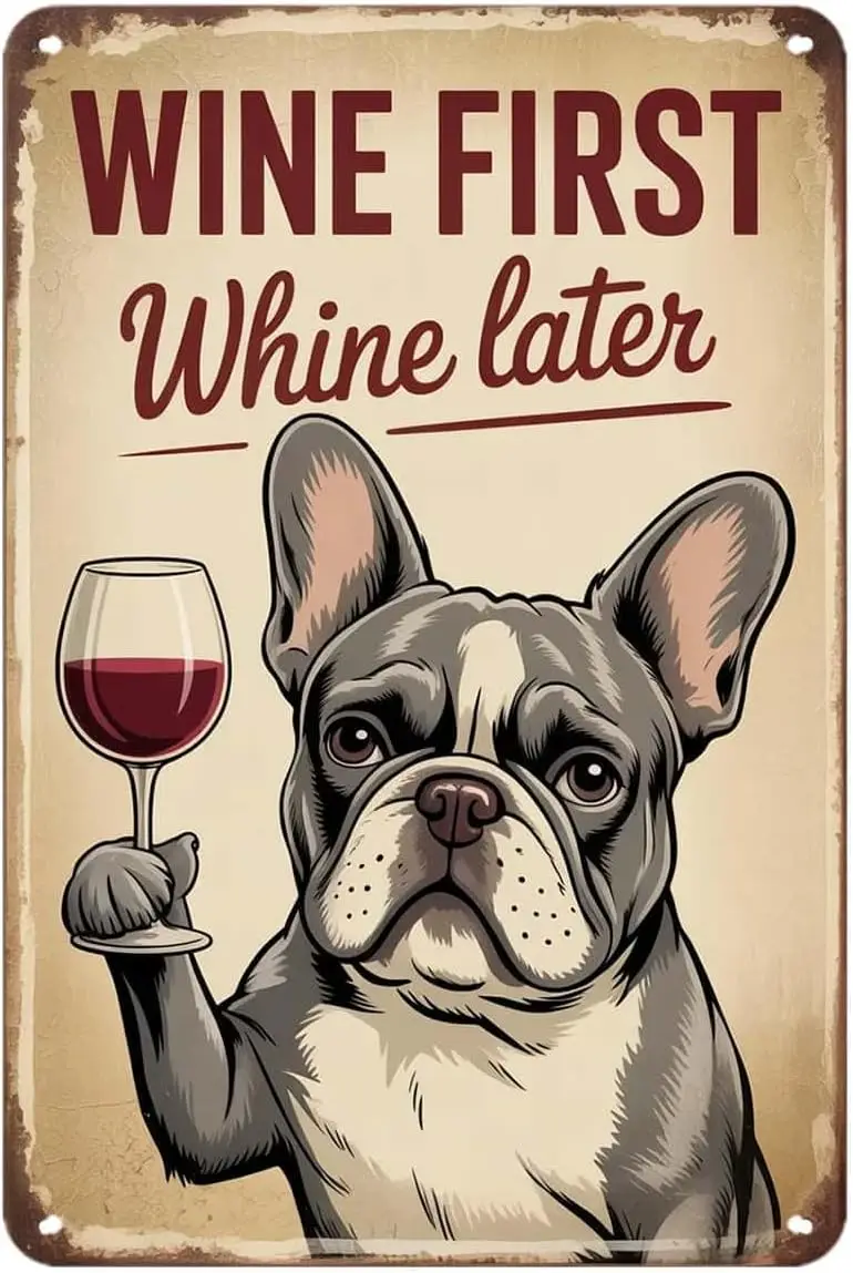 French Bulldog Wine First Whine Later Tin Sign Funny Cute Dog Drinking Red Wine Vintage Metal Signs Wall Decor for Kitchen Bar C