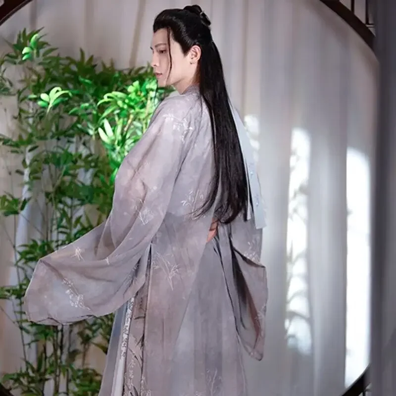 هانفو صيني تقليدي مطبوع للرجال ، زي تنكري لكرنفال الهالوين للذكور ، قميص هانفو رمادي ، تنورة ومعطف ، حجم كبير 2XL