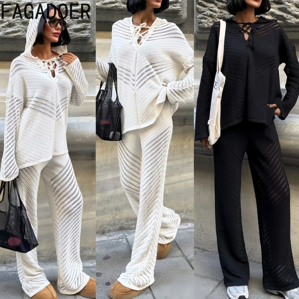 

FAGADOER Casual Knit Hollow 2 Pieces Set for Woman Outfits Bandage Patchwork Long Sleeves Hooded Top + Pants Female Streetwear