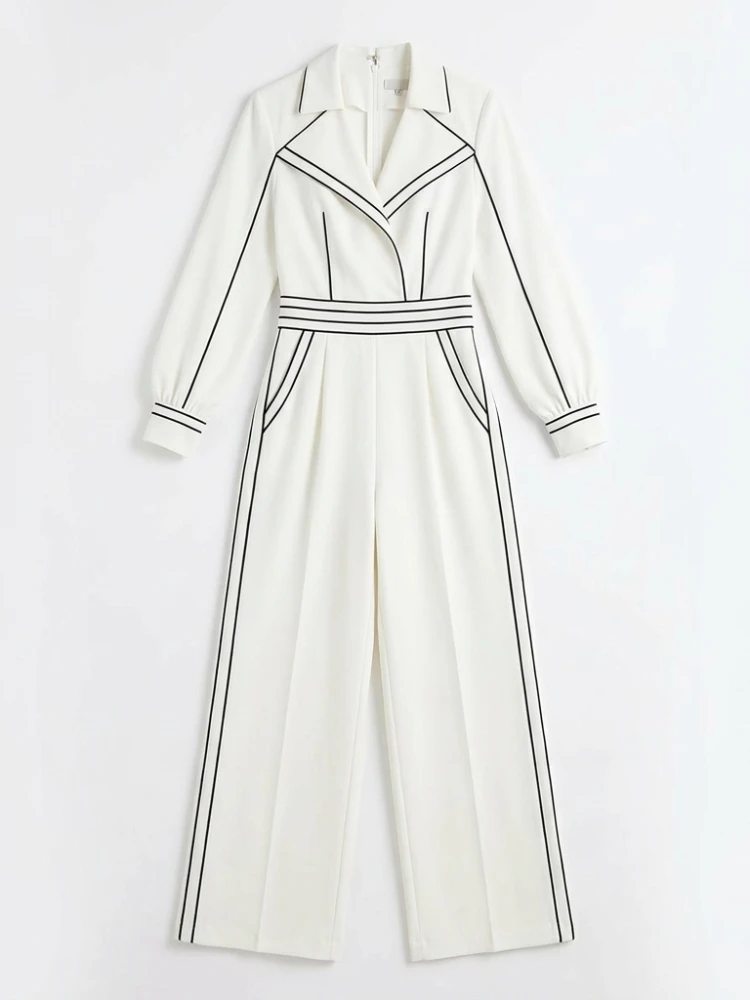 

Freeacy Minimalist Luxury Women's Jumpsuit White Black Contrast Trim High Waist Wide Leg Jumpsuit for Wedding Guest Party Wears