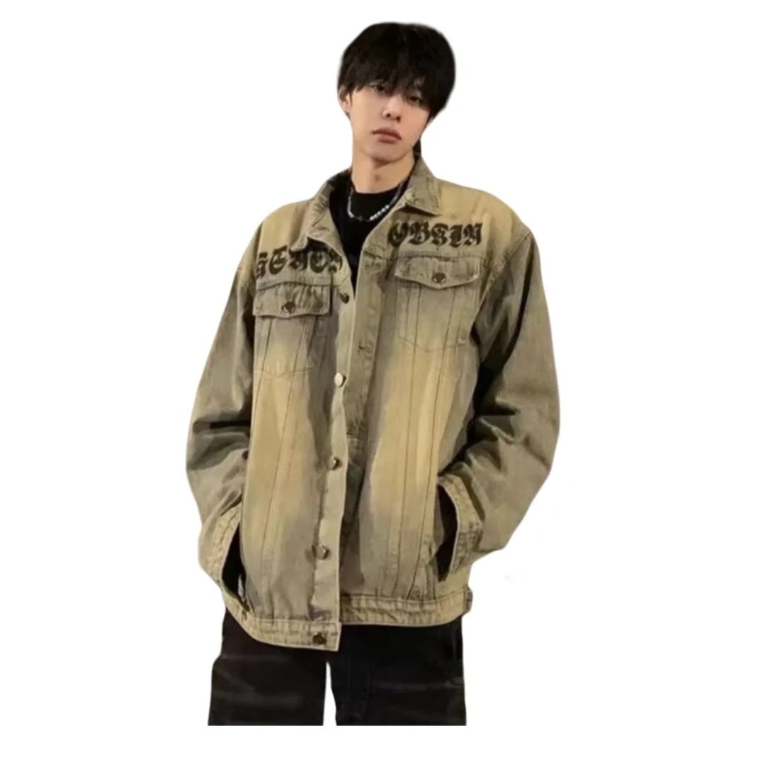Autumn Men's Cargo Denim Jacket Shirts Vintage Washed Denim Jacket Trendy Streetwear English Print Edgy Cargo Outerwear