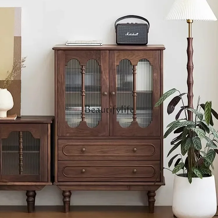 

ld25 North American Black Walnut Bookcase All Solid Wood french retro Display Wine Cabinet