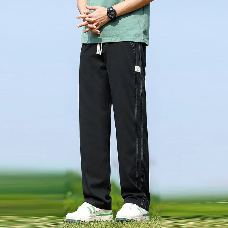 KIDWHXR Man Straight-leg Pant Korean Thin Striped High Waist Male Trousers Loose Drawstring Elastic Waist Men Casual Pant