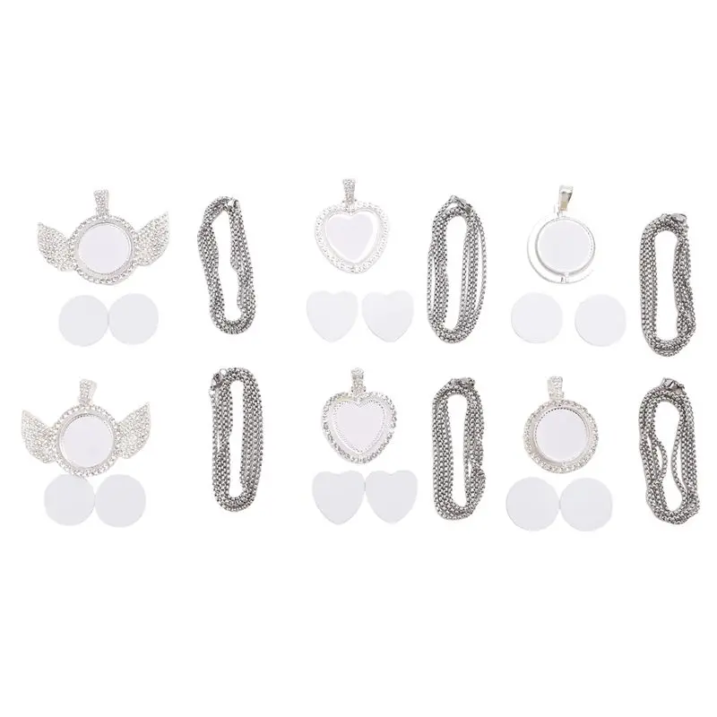 Stock Quantity 24Pcs Sublimation Rhinestone Trays Pendant Set, 6 Blank Bezel Trays, 6 Pcs Chains With 12 Discs
