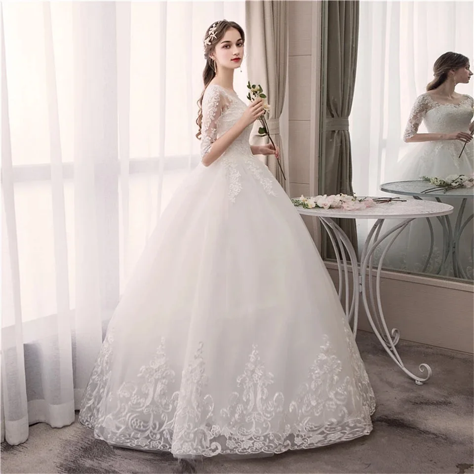 Vestidos De novia clásicos blancos con cuello redondo, apliques De media manga, ilusión, tren De barrido, Vestido De baile, vestidos De novia personalizados