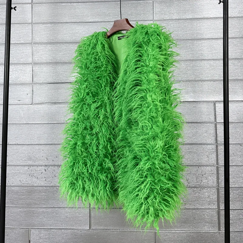 plus Size Faux Fur Vest Warm Mid-Length Women's Soft Faux Sheepskin Jacket  Fur Pattern Non-Symmetric Design Winter Outerwear