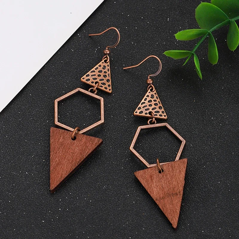 Ethnic Women's Natural Wooden Drop Earrings Vintage Geometric Round Triangle Wood Dangle Earrings Jewelry for Female Gift