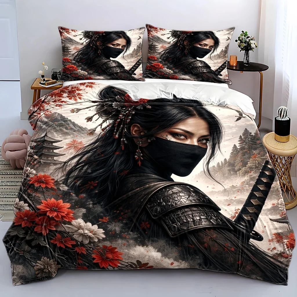 3Pc Japanese-Style Samurai Duvet Cover Set, Three-Piece Bedding Set (1*Duvet Cover + 2*Pillowcases), Suitable for All Seasons, Machine Washable, Invisible Zipper Design, Suitable for Large Double Beds, Universal for Home, Dormitory, Master Bedroom, Guest Room, Traditional Floral and Landscape Patterns, Retro Armor Elements, Creating an Oriental Zen Sleep Space, Cross-Border Best-Selling Bedding, Comfortable and Skin-Friendly Bedding Set