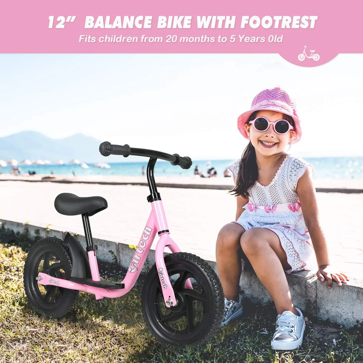 Balance Bike for 2-5 Year Old, 12 Inch Toddler Bike No Pedal Training Bicycle with Adjustable Seat Height, Airless Tire (Pink)