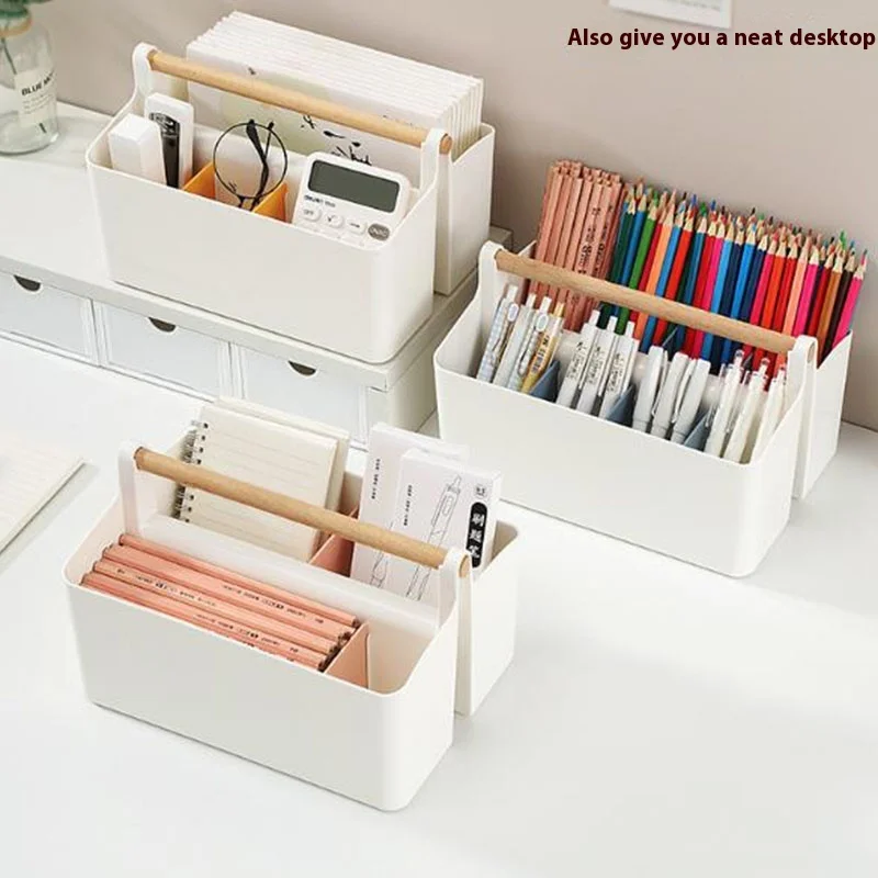 Large-Capacity Multifunctional Wooden Portable Storage Box School Office Portable Pen Container Desktop Sundries Storage Basket