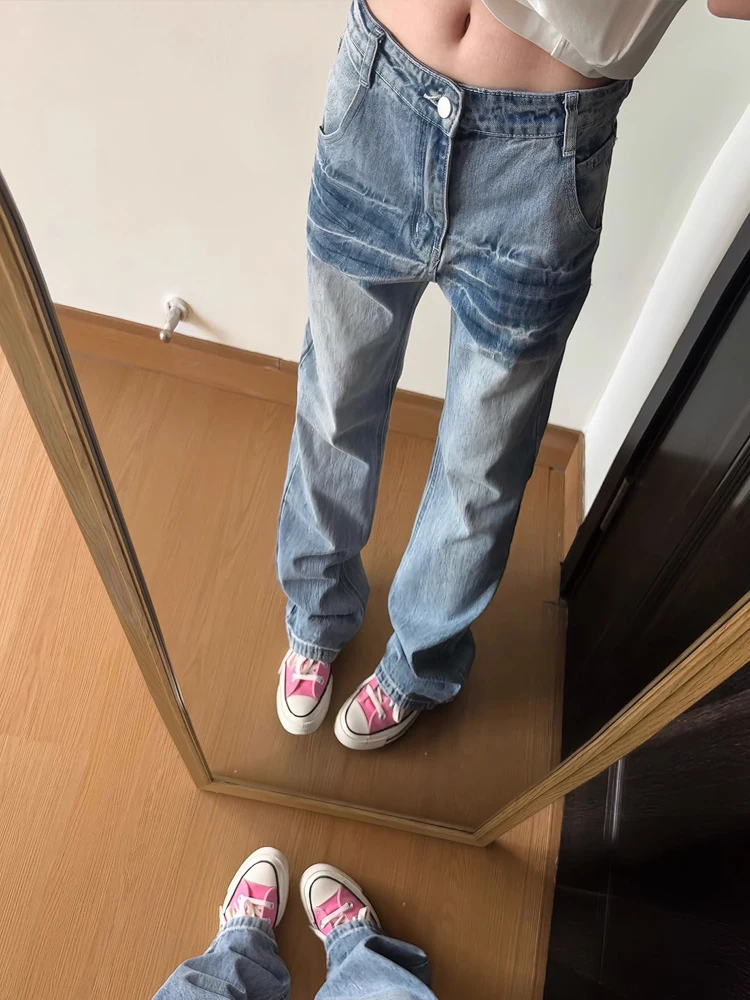 

High Waist Straight Leg Jeans Men's American High Street Waed Slim Fit High Waist Micro Flared Pants Bcare Lightning Pattern