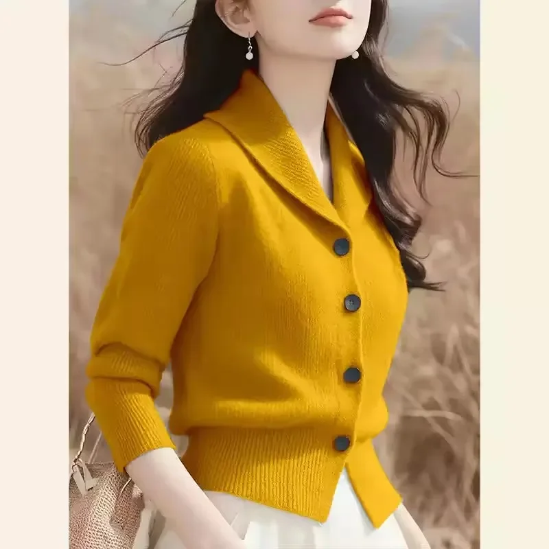 

Pop Elegant Women's Knitted Cardigan Sweater Fashion Solid Lapel Long Sleeved Single-breasted Knitted Bottoming Jumper Top