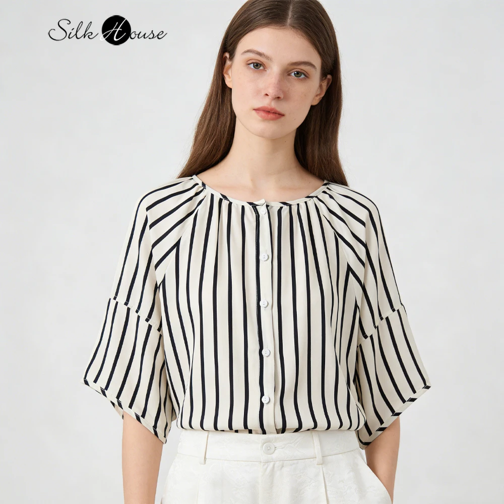 

2026 Women's Casual Summer New 100% Natural Mulberry Silk Crepe De Chine Striped Printed Versatile Skin Friendly Shirt