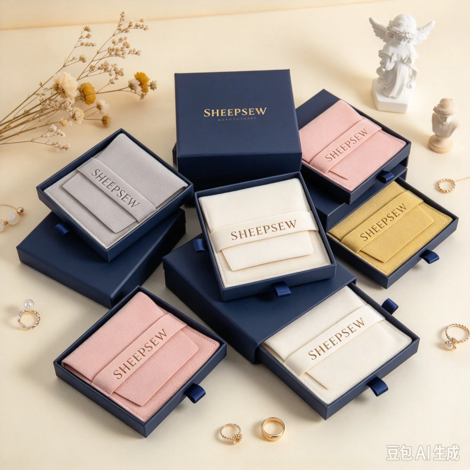 SHEEPSEW Luxury Navy Paper Sliding Drawer Jewelry Gift Box Custom Logo, with Microfiber Flip Bag for Handmade Necklace Ring Earr