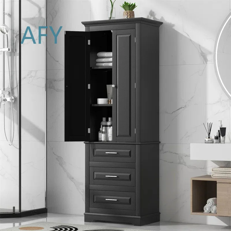 Modern Floor to Ceiling Bathroom Cabinet for Double Door High Locker with Three Drawers Bathroom Furniture for Modern