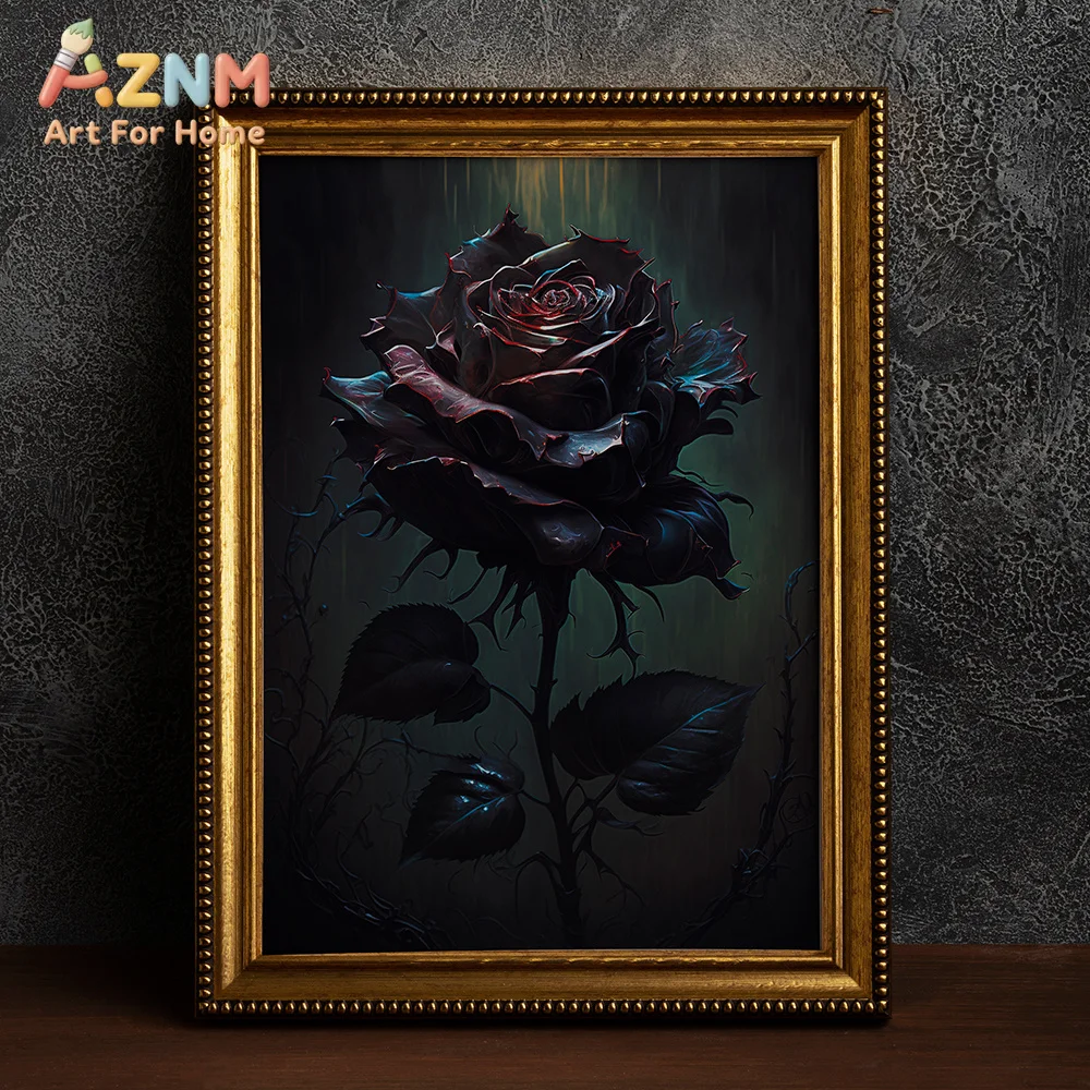 AZNM Vintage Gothic Skeleton Vampire Bat Crow Rose Portrait Canvas Wall Art, Dark Retro Halloween Frameless Canvas Print Poster
